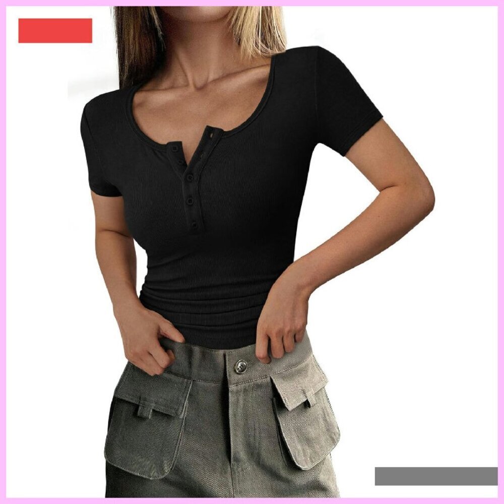 Ribbed Henley Button Slim Fit Short Sleeve Top - Casual Blouse